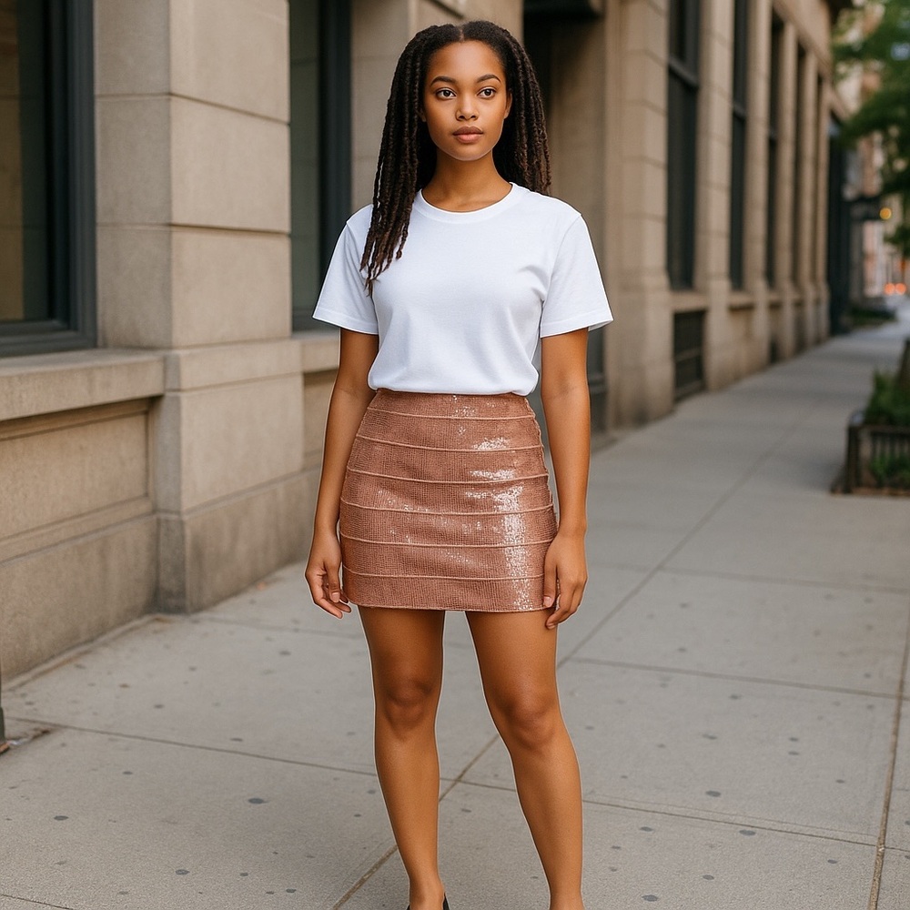 Haute Hippie Sequins Bandage Style Rose Gold Mini Skirt - Picture 3 of 9